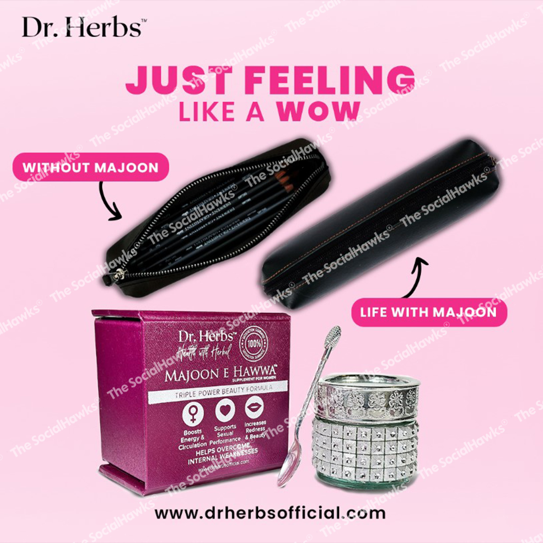 Dr Herbs Majoon E Hawwa beauty formula product ad on pink background with cosmetics